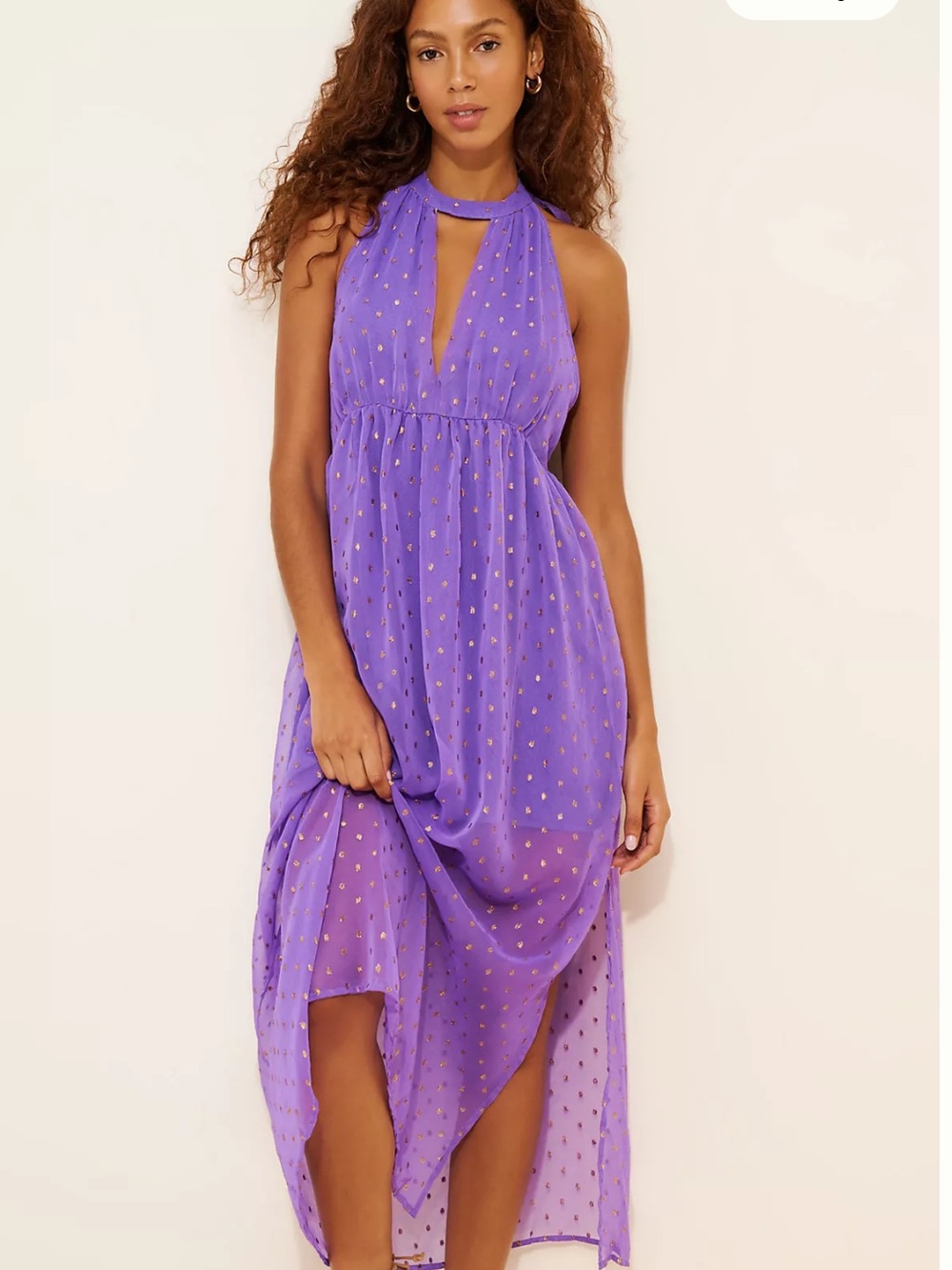 Celandine Beach Disco Purple Halter Dress with Gold Dot Detail